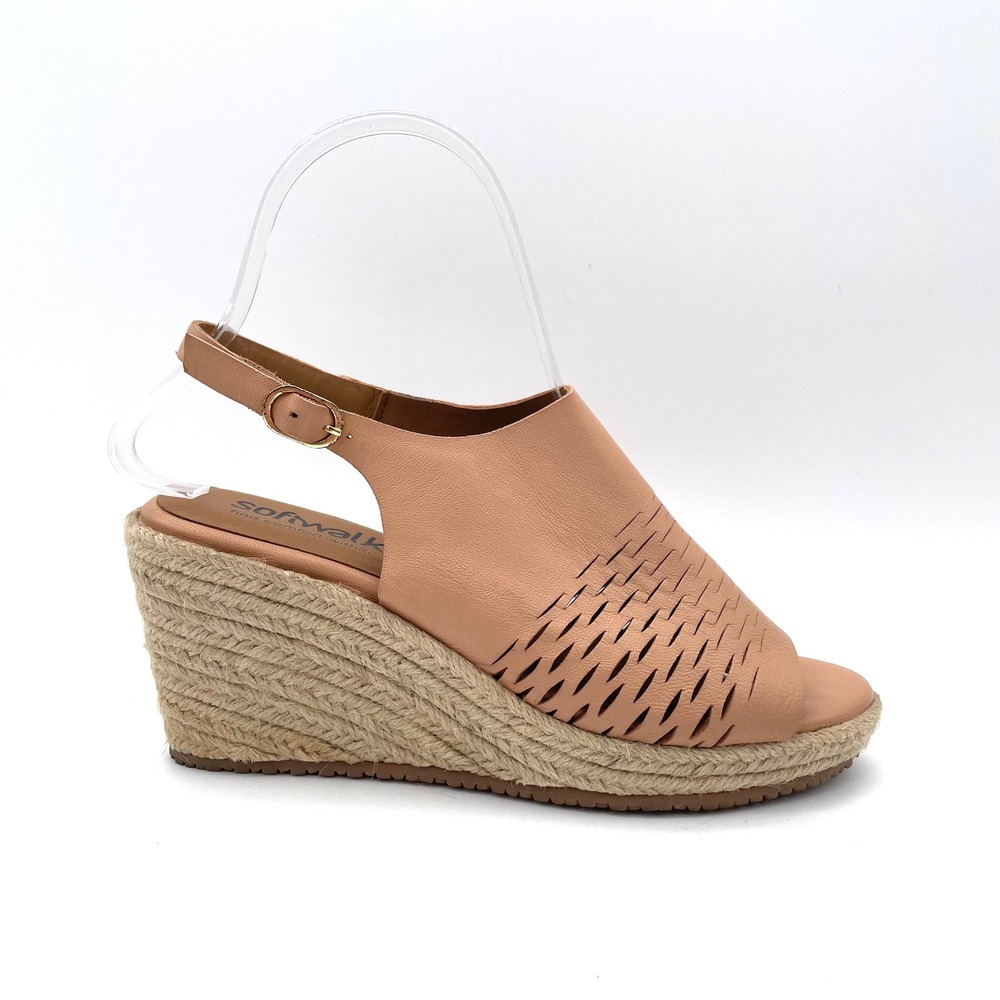 SoftWalk Espadrille Wedge Sandals Women 6 M Nude Leather Laser Cut Excellent